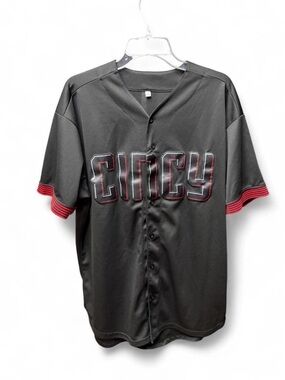 Number 44 Black 'Cincy'‎ Baseball-Style Button-Up Jersey with Red Accents